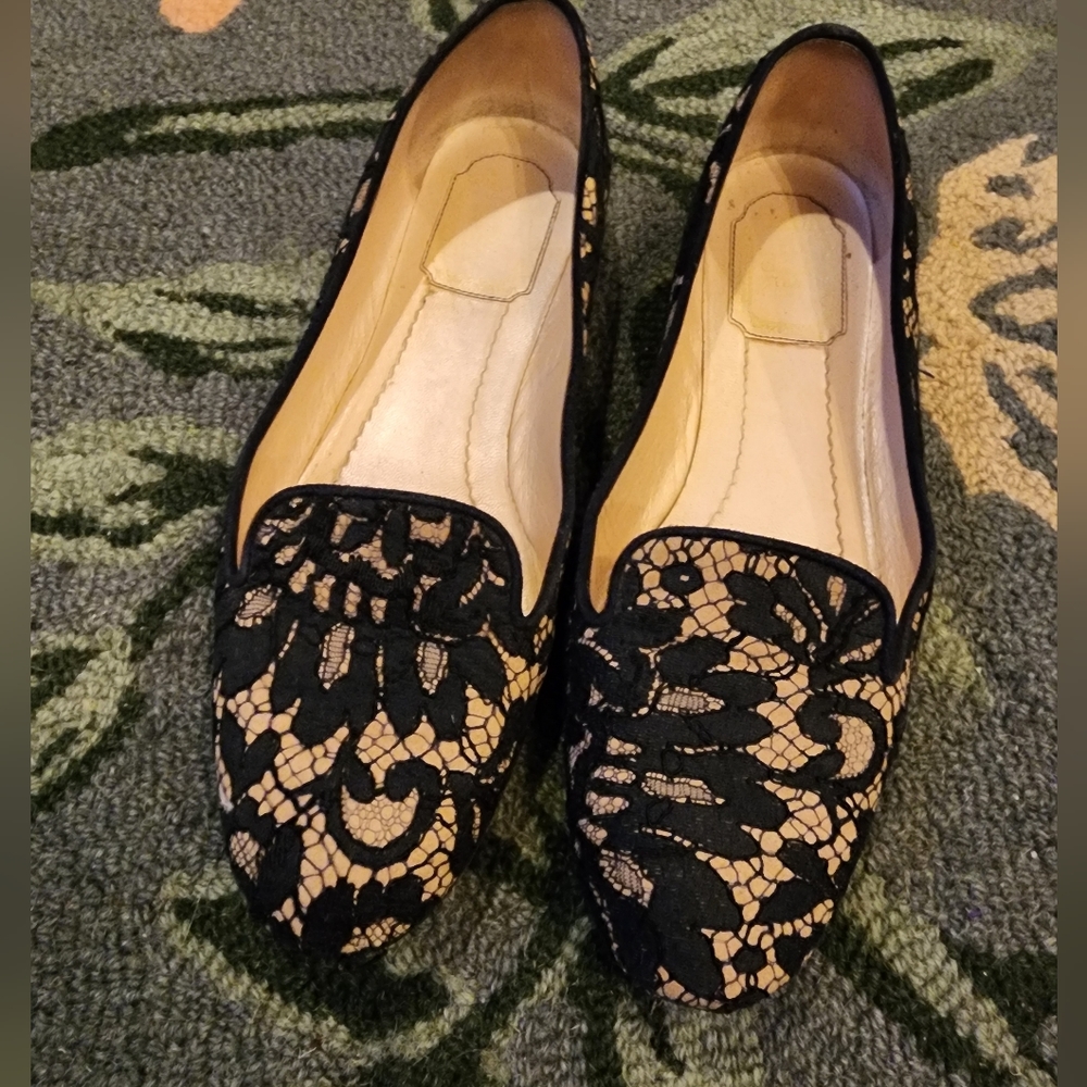 Dior Black and Cream Lace Flats